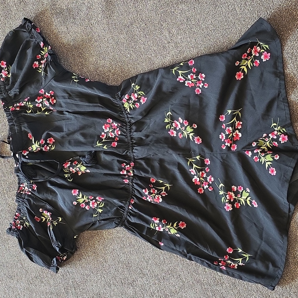 Blush Black Off Shoulder Romper with Pink Floral Design